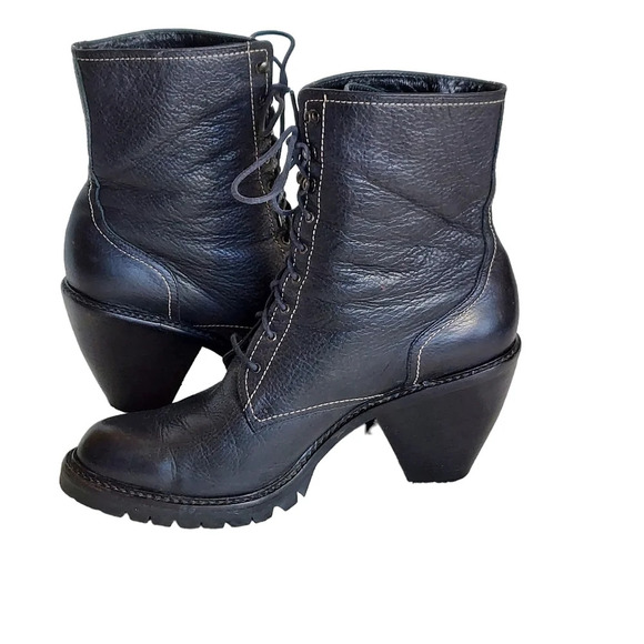 Via Spiga Black  Pebbled and Smooth Leather Cone Heeled Combat Boots - Picture 7 of 15